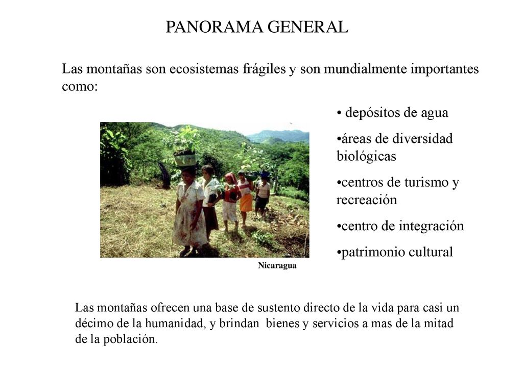 PANORAMA GENERAL Las montañas son ecosistemas frágiles y son mundialmente importantes como: depósitos de agua.