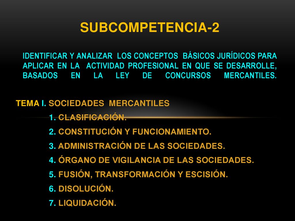 SUBCOMPETENCIA-2 Identificar y analizar los conceptos básicos jurídicos para aplicar en la actividad profesional en que se desarrolle, basados en la Ley de Concursos mercantiles.
