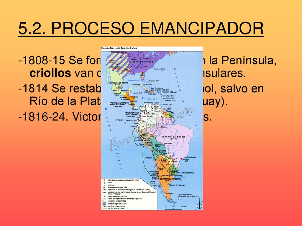 5.2. PROCESO EMANCIPADOR Se forman juntas como en la Península, criollos van desplazando a peninsulares.