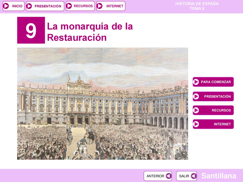 9 La monarquía de la Restauración PARA COMENZAR PRESENTACIÓN RECURSOS
