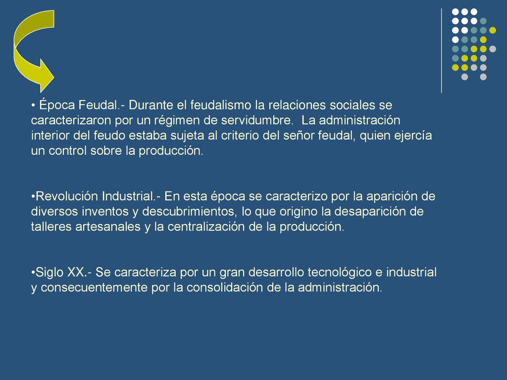 Época Feudal.- Durante el feudalismo la relaciones sociales se caracterizaron por un régimen de servidumbre. La administración interior del feudo estaba sujeta al criterio del señor feudal, quien ejercía un control sobre la producción.