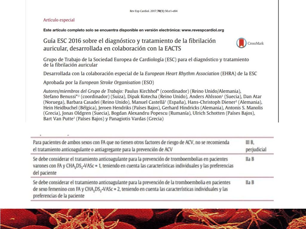 La Guía de la Sociedad Europea de Cardiología 2016 no recomienda tratamiento anticoagulante ni antiagregante en pacientes de ambos sexos con FA sin otros factores de riesgo para ACV.