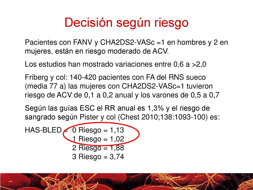 Decisión según riesgo Pacientes con FANV y CHA2DS2-VASc =1 en hombres y 2 en mujeres, están en riesgo moderado de ACV.