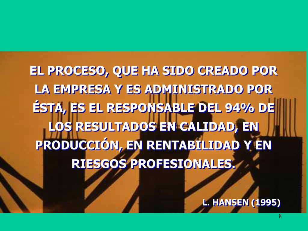 EL PROCESO, QUE HA SIDO CREADO POR LA EMPRESA Y ES ADMINISTRADO POR ÉSTA, ES EL RESPONSABLE DEL 94% DE LOS RESULTADOS EN CALIDAD, EN PRODUCCIÓN, EN RENTABILIDAD Y EN RIESGOS PROFESIONALES.