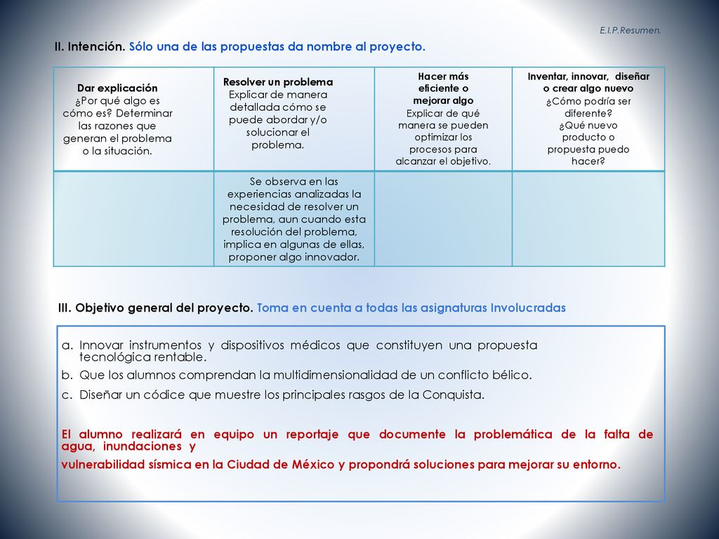 II. Intención. Sólo una de las propuestas da nombre al proyecto.