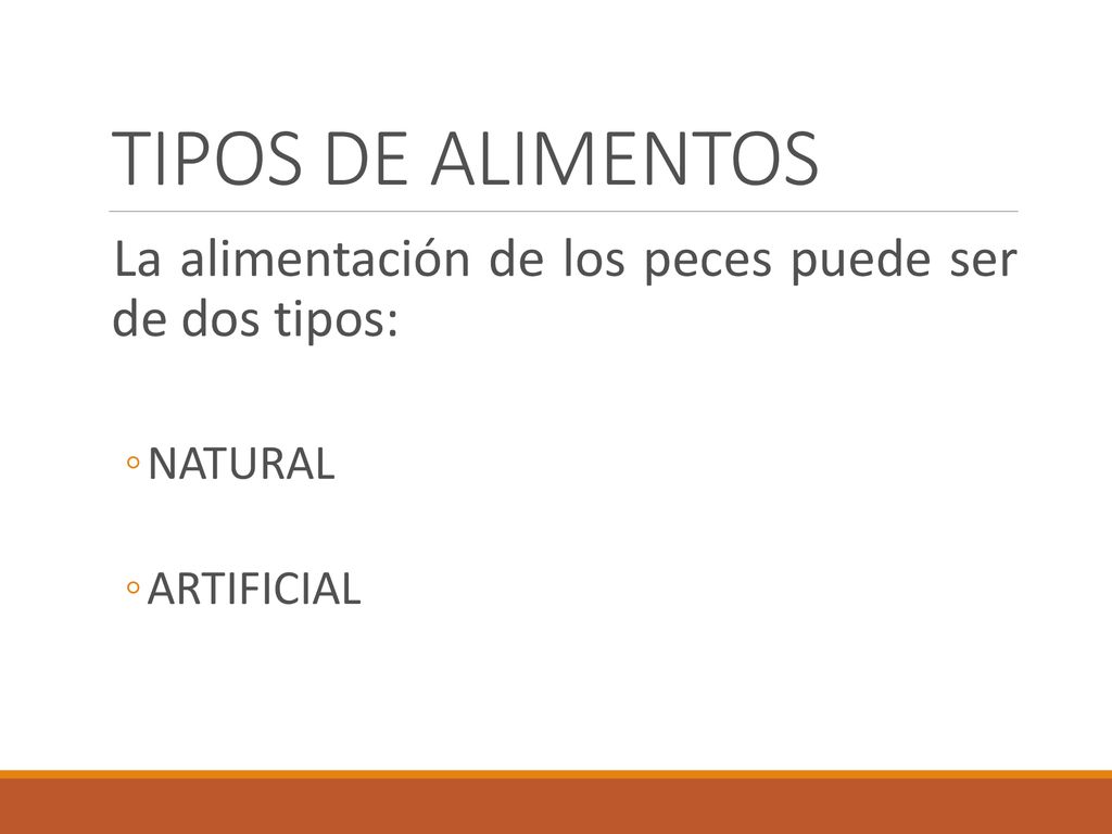 TIPOS DE ALIMENTOS La alimentación de los peces puede ser de dos tipos: NATURAL ARTIFICIAL