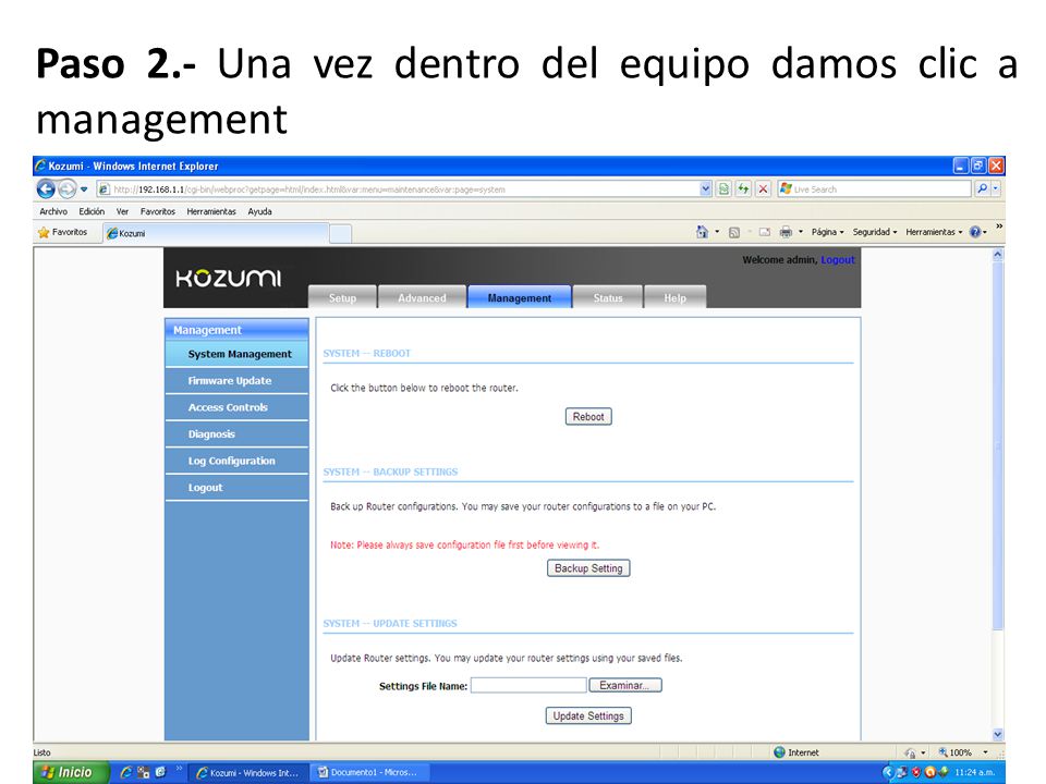 Paso 2.- Una vez dentro del equipo damos clic a management