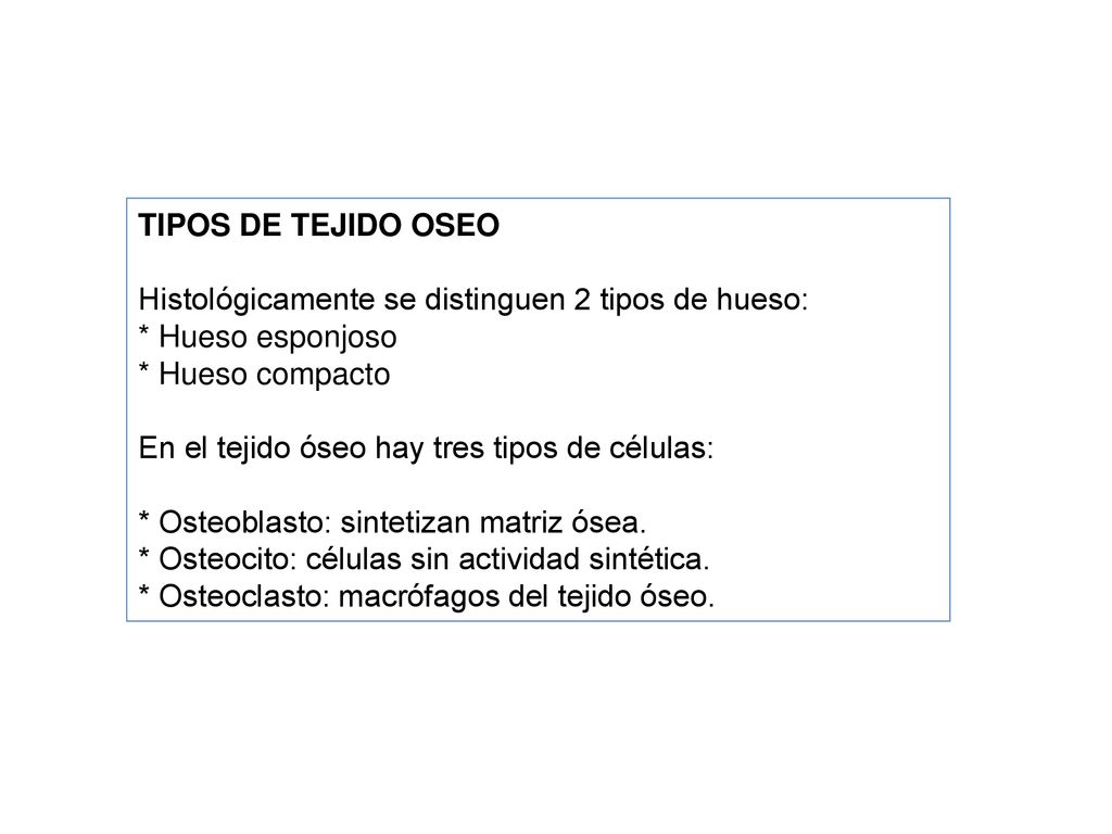 TIPOS DE TEJIDO OSEO Histológicamente se distinguen 2 tipos de hueso: * Hueso esponjoso * Hueso compacto.