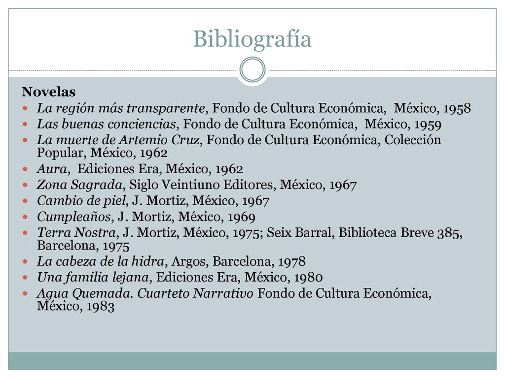 Bibliografía Novelas. La región más transparente, Fondo de Cultura Económica, México,