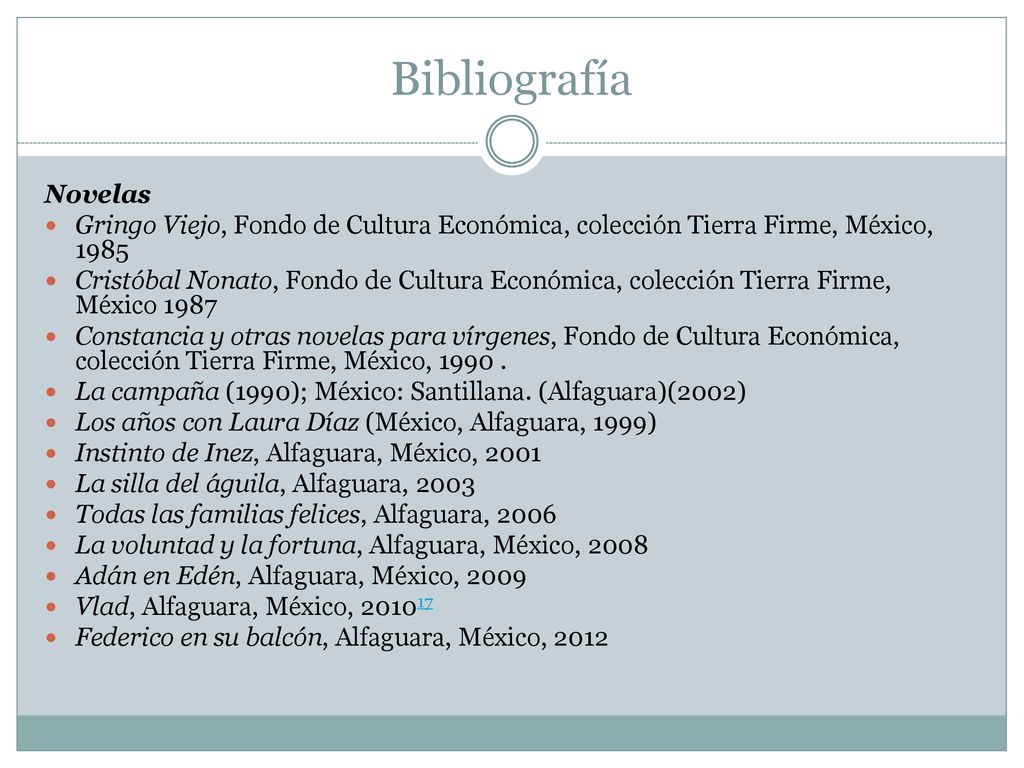 Bibliografía Novelas. Gringo Viejo, Fondo de Cultura Económica, colección Tierra Firme, México,