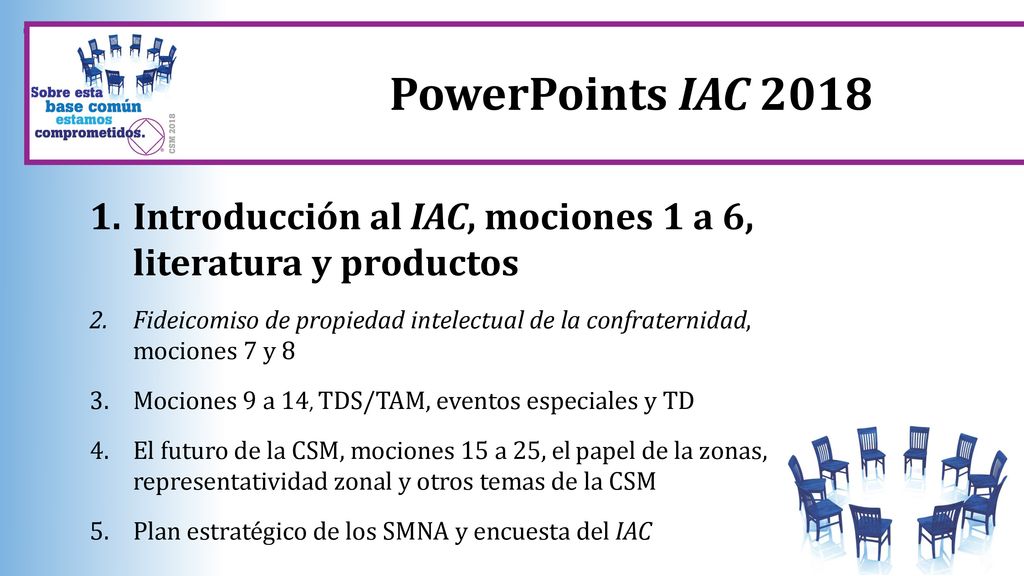 PowerPoints IAC 2018 Introducción al IAC, mociones 1 a 6, literatura y productos.