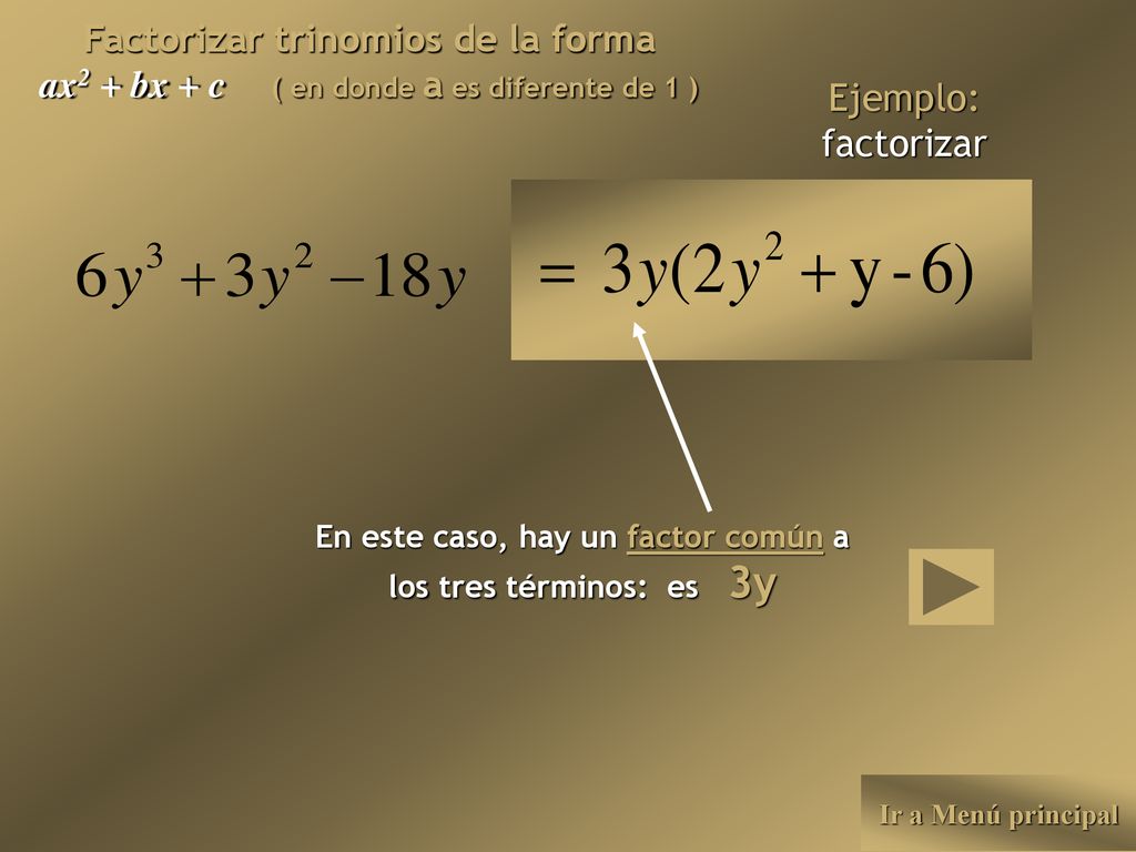 En este caso, hay un factor común a los tres términos: es 3y