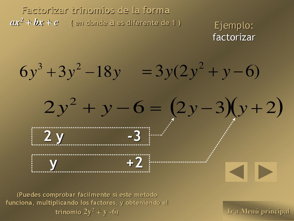 Factorizar trinomios de la forma ax2 + bx + c ( en donde a es diferente de 1 )