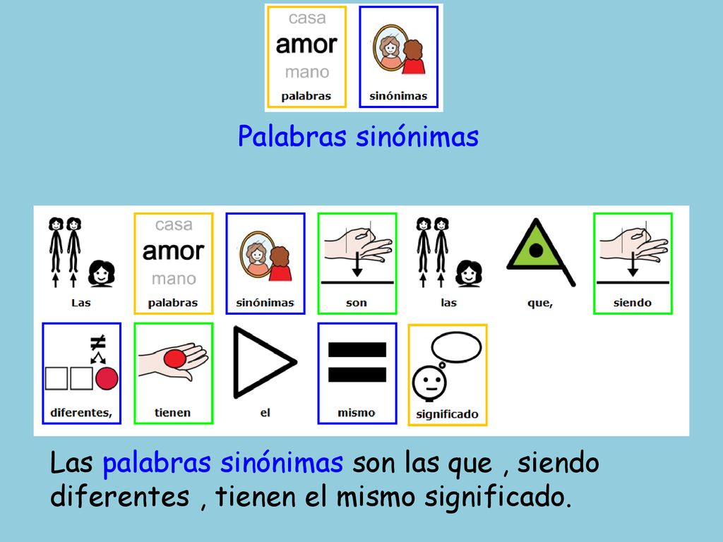 Palabras sinónimas Las palabras sinónimas son las que , siendo diferentes , tienen el mismo significado.