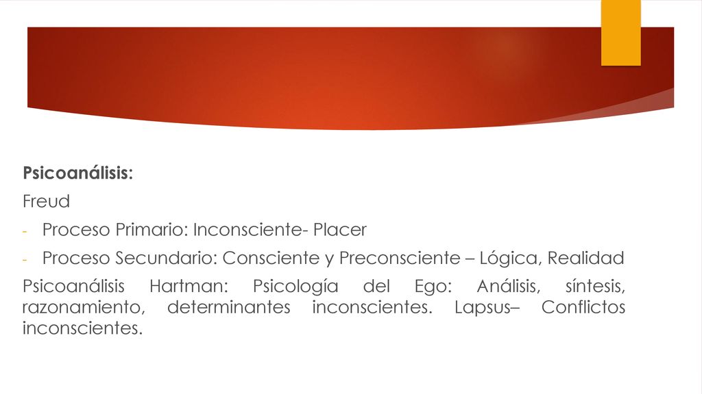 Psicoanálisis: Freud. Proceso Primario: Inconsciente- Placer. Proceso Secundario: Consciente y Preconsciente – Lógica, Realidad.