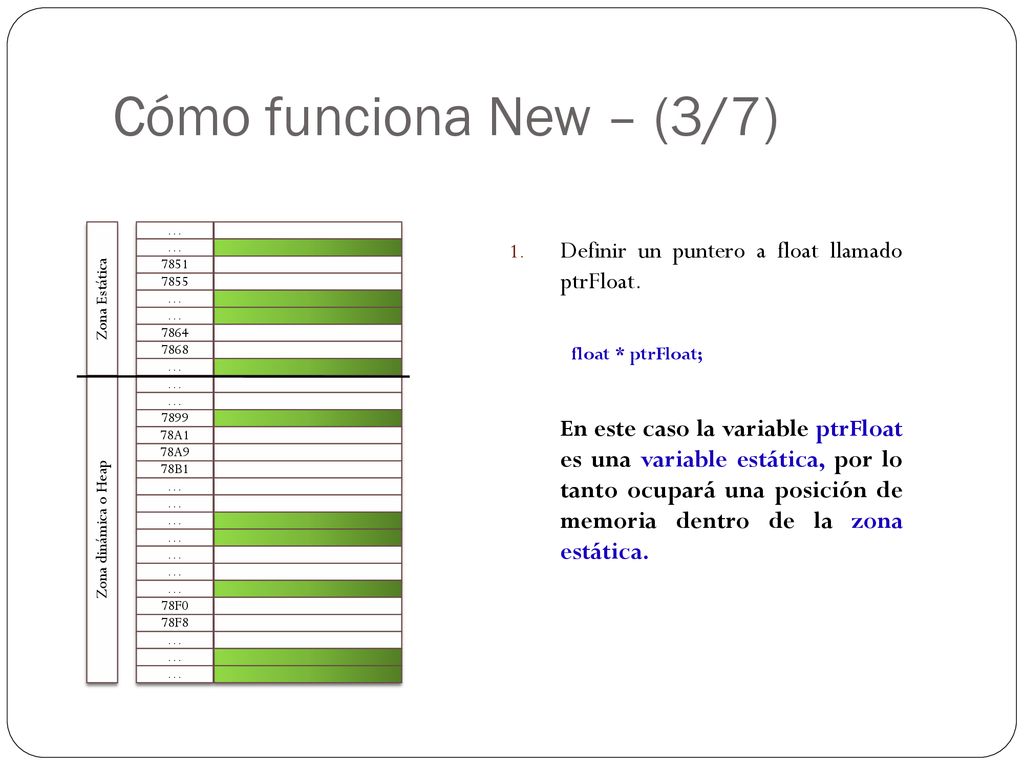 Cómo funciona New – (3/7) Definir un puntero a float llamado ptrFloat.