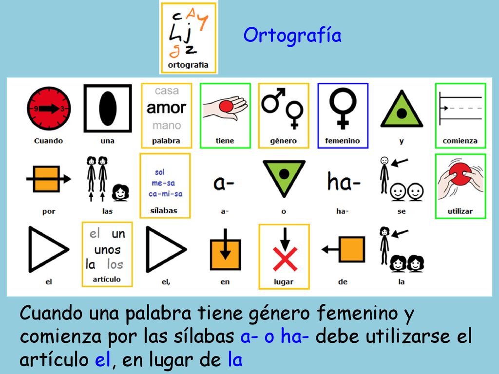 Ortografía Cuando una palabra tiene género femenino y comienza por las sílabas a- o ha- debe utilizarse el artículo el, en lugar de la.