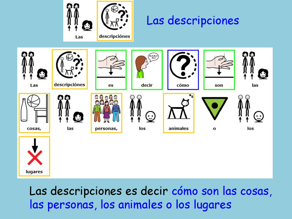 Las descripciones Las descripciones es decir cómo son las cosas, las personas, los animales o los lugares.