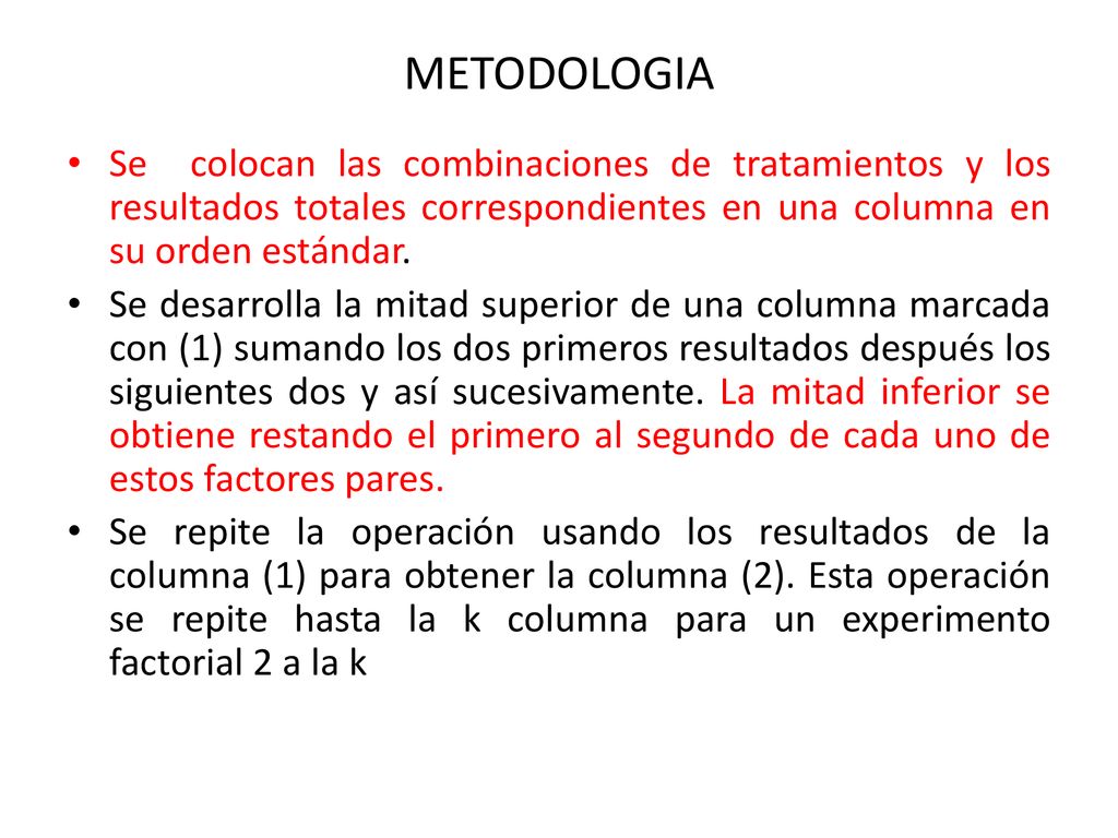 METODOLOGIA Se colocan las combinaciones de tratamientos y los resultados totales correspondientes en una columna en su orden estándar.