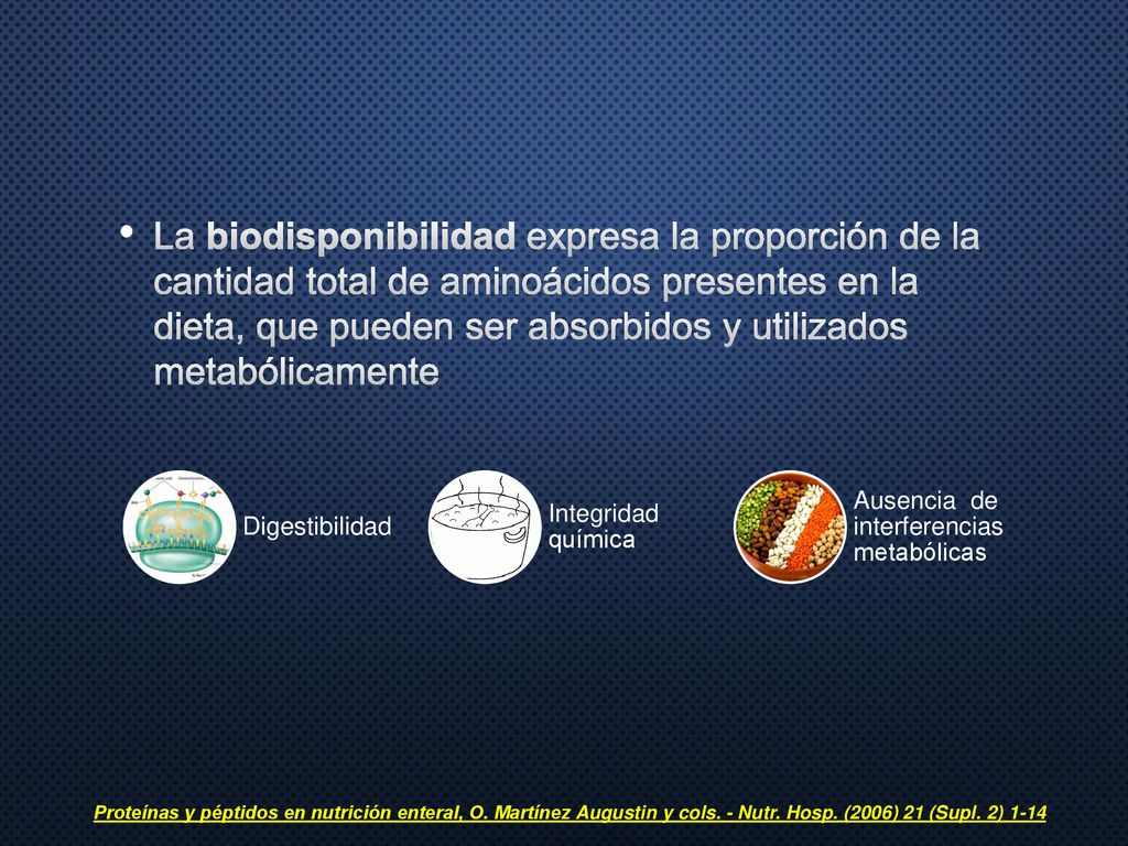 La biodisponibilidad expresa la proporción de la cantidad total de aminoácidos presentes en la dieta, que pueden ser absorbidos y utilizados metabólicamente