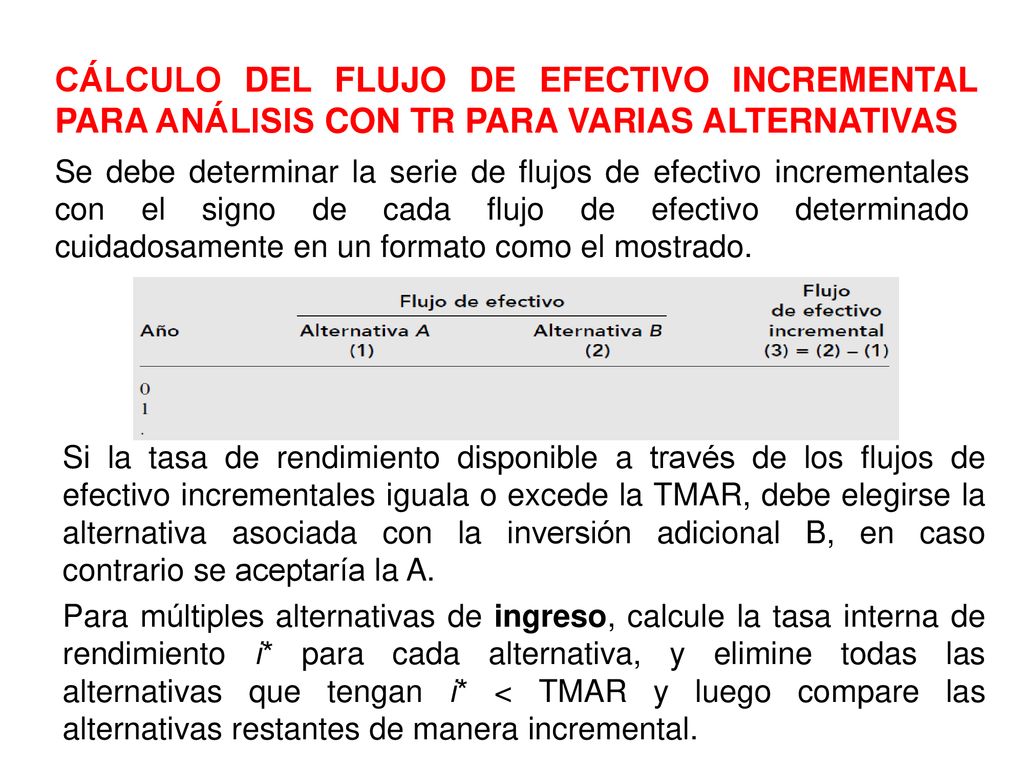 CÁLCULO DEL FLUJO DE EFECTIVO INCREMENTAL PARA ANÁLISIS CON TR PARA VARIAS ALTERNATIVAS