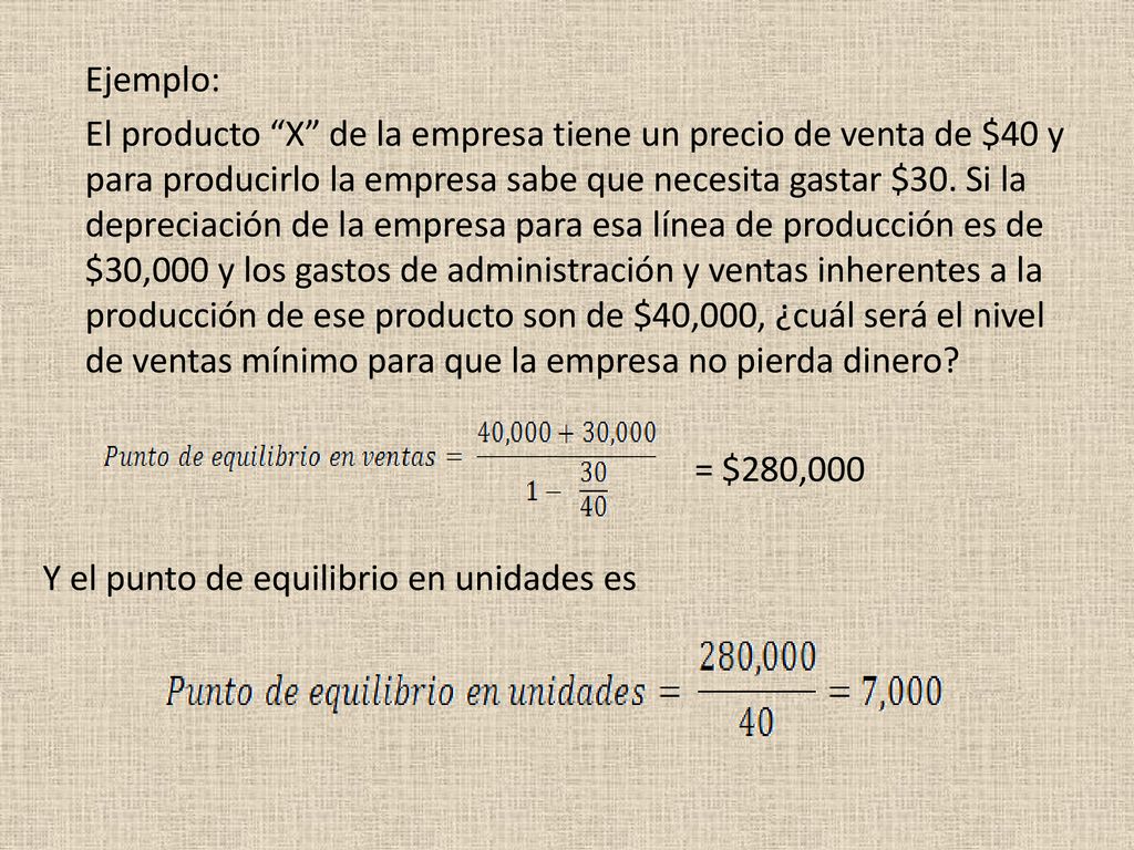 Ejemplo: El producto X de la empresa tiene un precio de venta de $40 y para producirlo la empresa sabe que necesita gastar $30.
