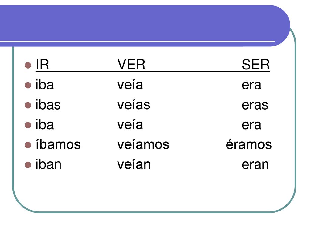 IR VER SER iba veía era ibas veías eras íbamos veíamos éramos iban veían eran