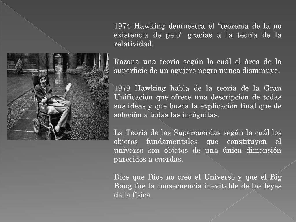 1974 Hawking demuestra el teorema de la no existencia de pelo gracias a la teoría de la relatividad.