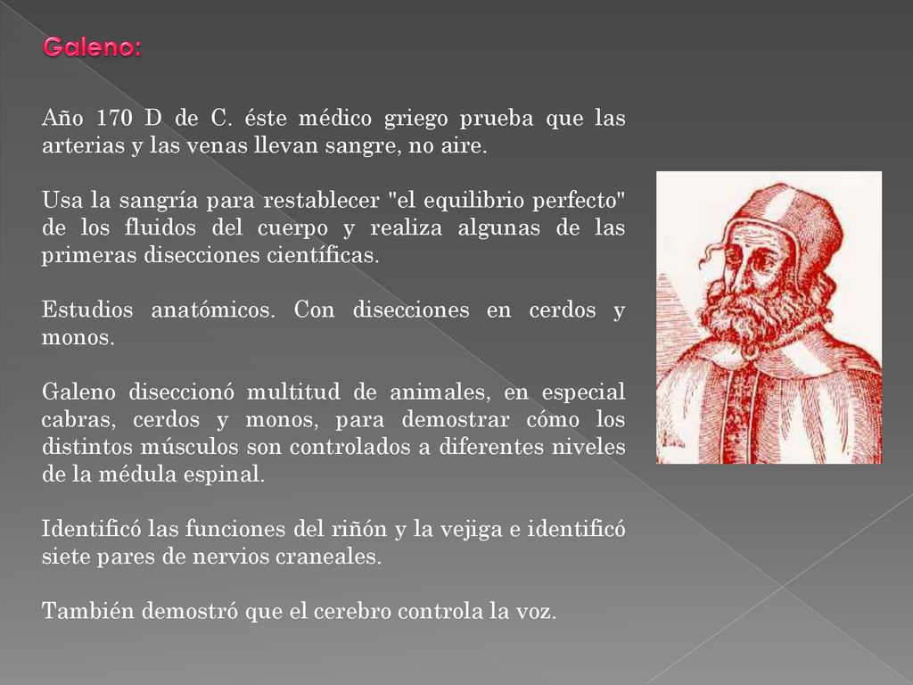 Galeno: Año 170 D de C. éste médico griego prueba que las arterias y las venas llevan sangre, no aire.