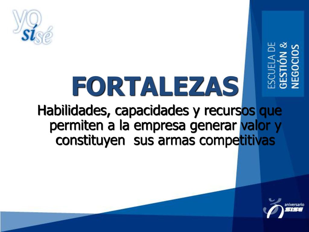 FORTALEZAS Habilidades, capacidades y recursos que permiten a la empresa generar valor y constituyen sus armas competitivas.