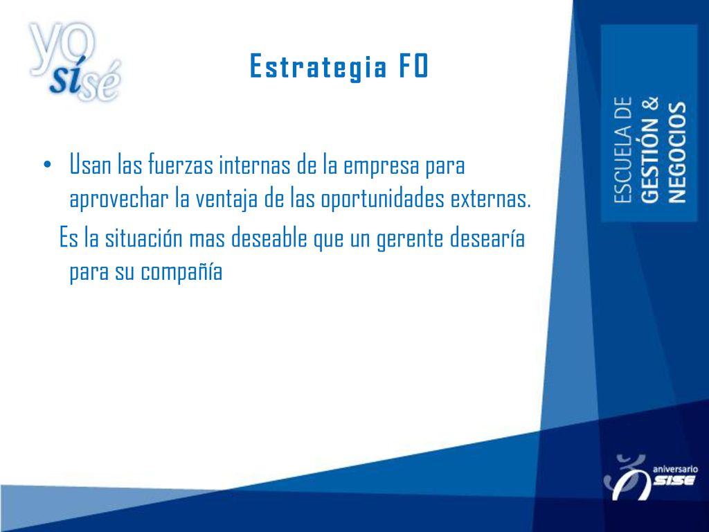 Estrategia FO Usan las fuerzas internas de la empresa para aprovechar la ventaja de las oportunidades externas.