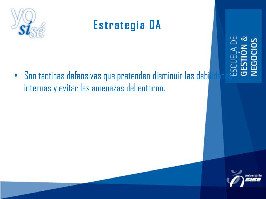Estrategia DA Son tácticas defensivas que pretenden disminuir las debilidades internas y evitar las amenazas del entorno.
