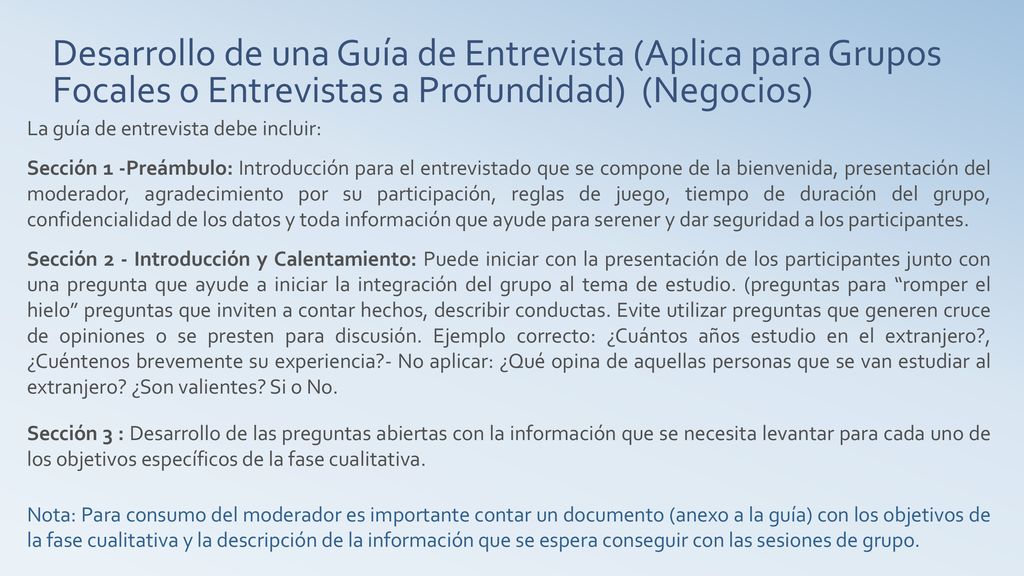 Desarrollo de una Guía de Entrevista (Aplica para Grupos Focales o Entrevistas a Profundidad) (Negocios)