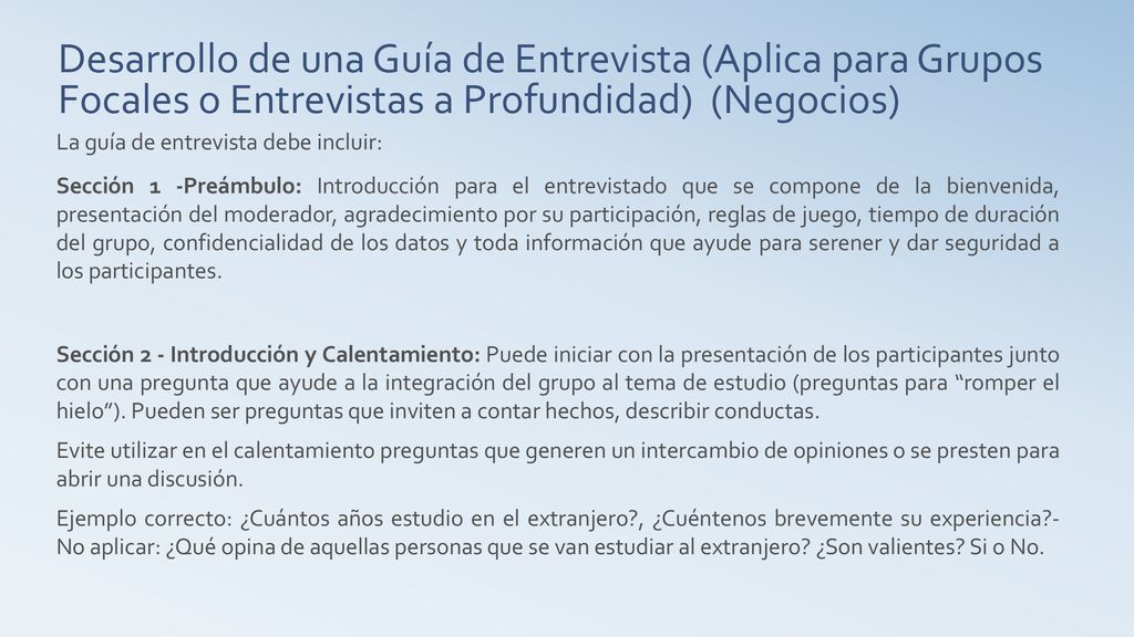 Desarrollo de una Guía de Entrevista (Aplica para Grupos Focales o Entrevistas a Profundidad) (Negocios)