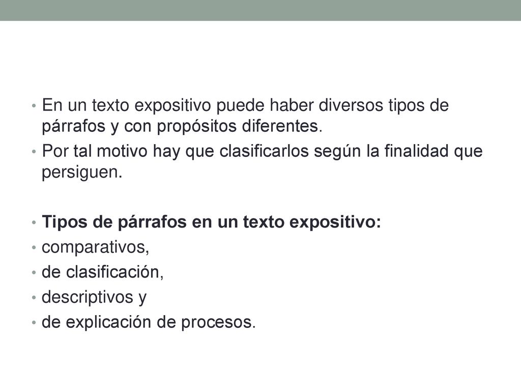 En un texto expositivo puede haber diversos tipos de párrafos y con propósitos diferentes.