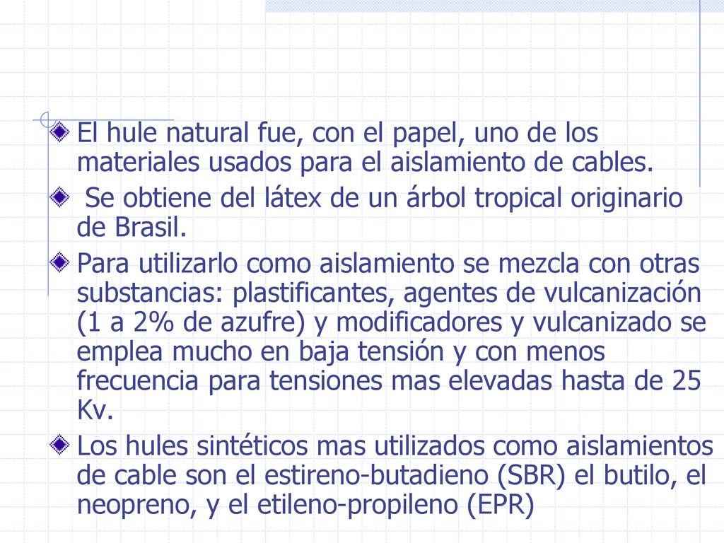 El hule natural fue, con el papel, uno de los materiales usados para el aislamiento de cables.