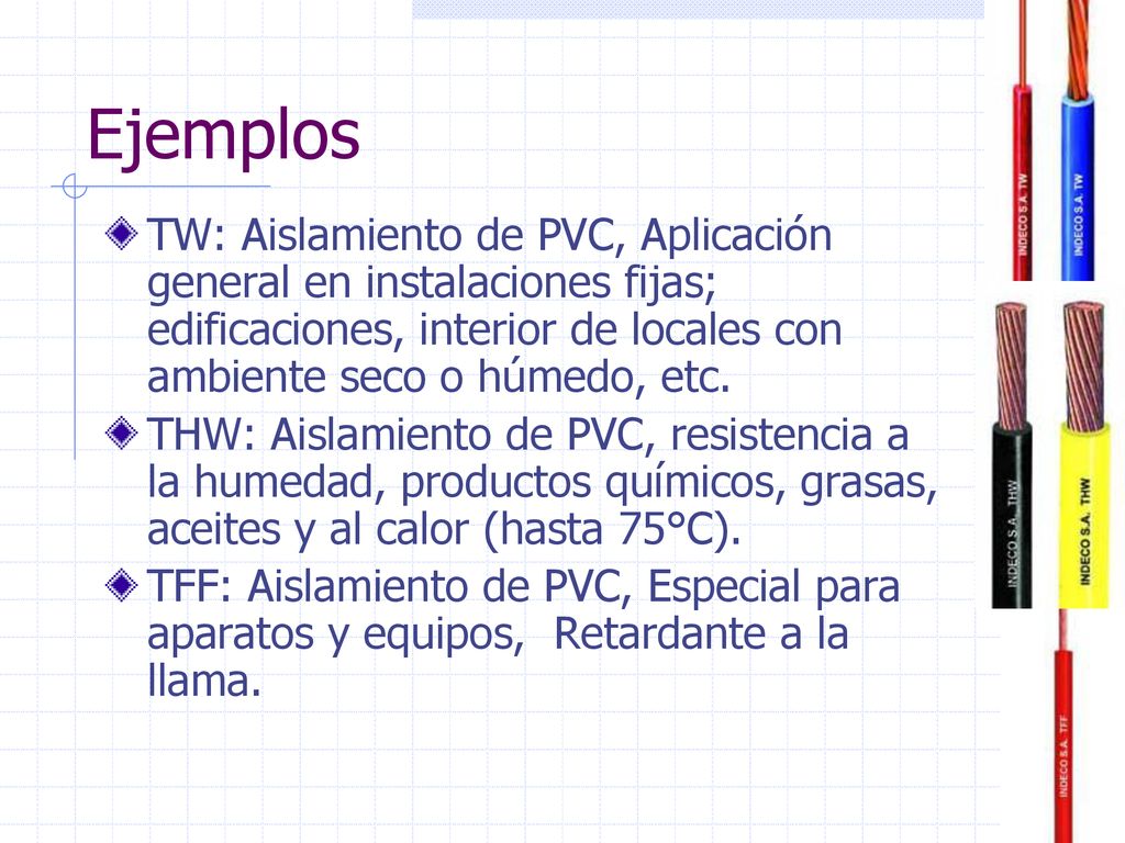 Ejemplos TW: Aislamiento de PVC, Aplicación general en instalaciones fijas; edificaciones, interior de locales con ambiente seco o húmedo, etc.