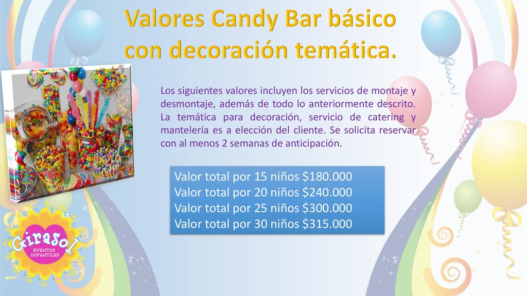 Valores Candy Bar básico con decoración temática.