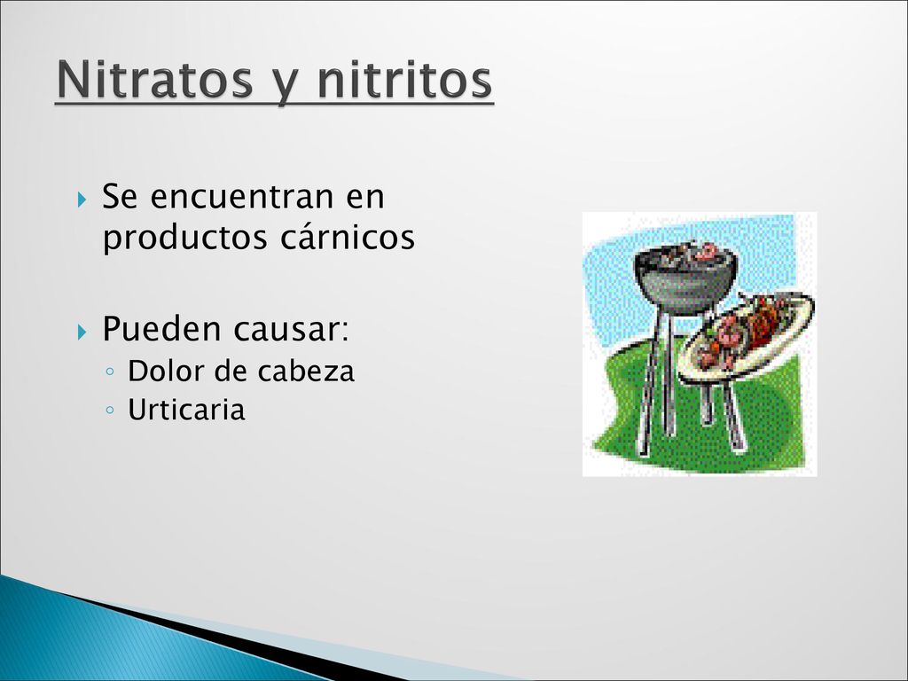 Nitratos y nitritos Se encuentran en productos cárnicos Pueden causar: