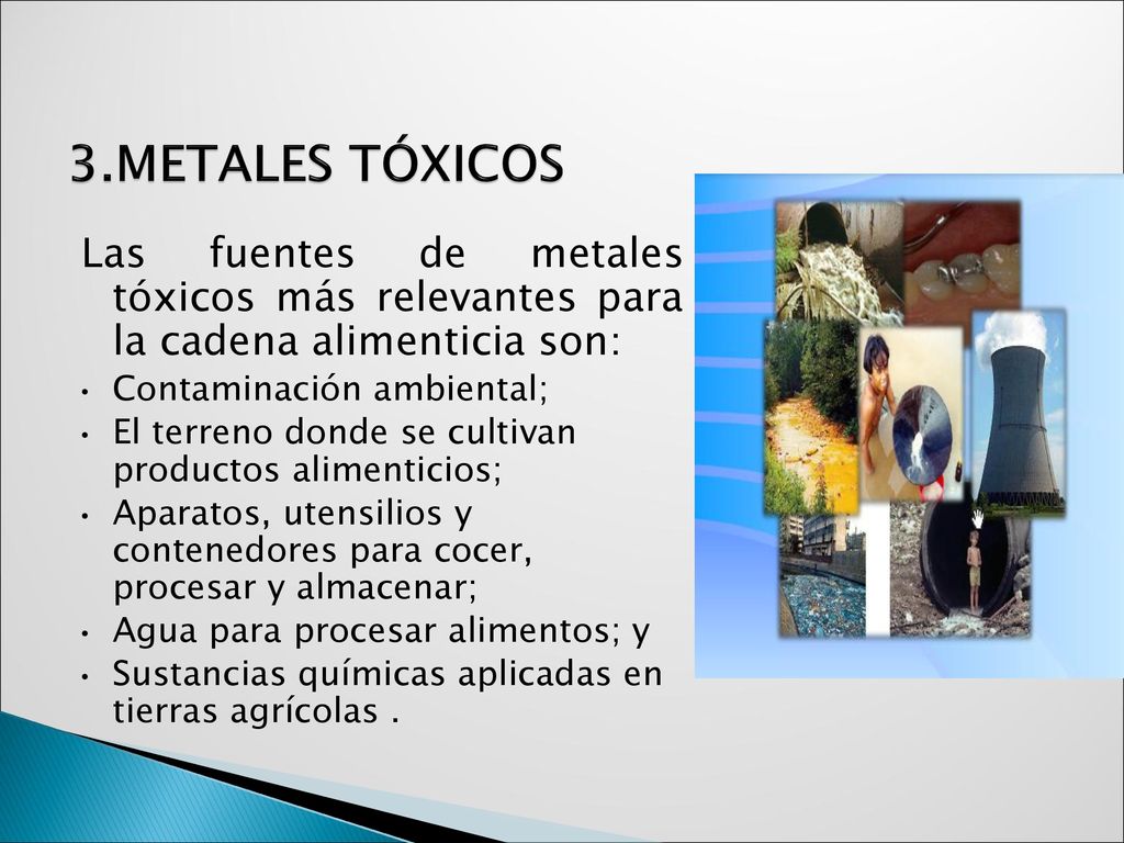 3.METALES TÓXICOS Las fuentes de metales tóxicos más relevantes para la cadena alimenticia son: Contaminación ambiental;