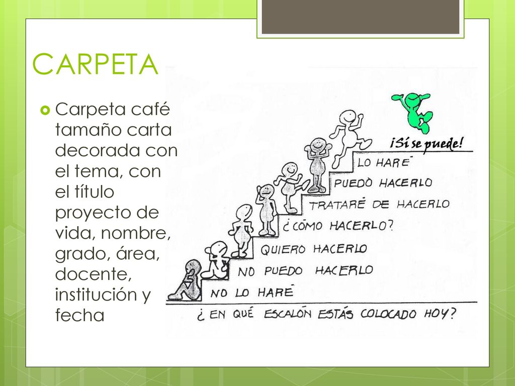 CARPETA Carpeta café tamaño carta decorada con el tema, con el título proyecto de vida, nombre, grado, área, docente, institución y fecha.