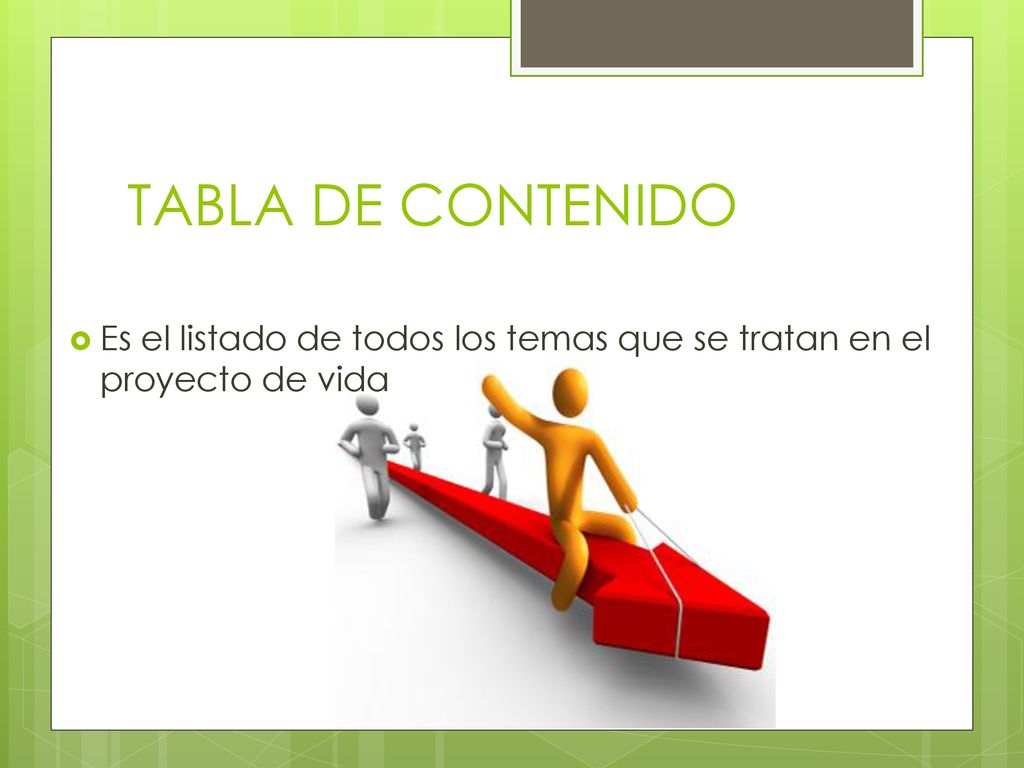 TABLA DE CONTENIDO Es el listado de todos los temas que se tratan en el proyecto de vida