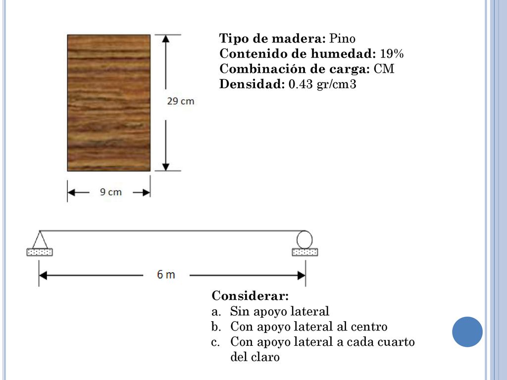 Tipo de madera: Pino Contenido de humedad: 19% Combinación de carga: CM. Densidad: 0.43 gr/cm3. Considerar: