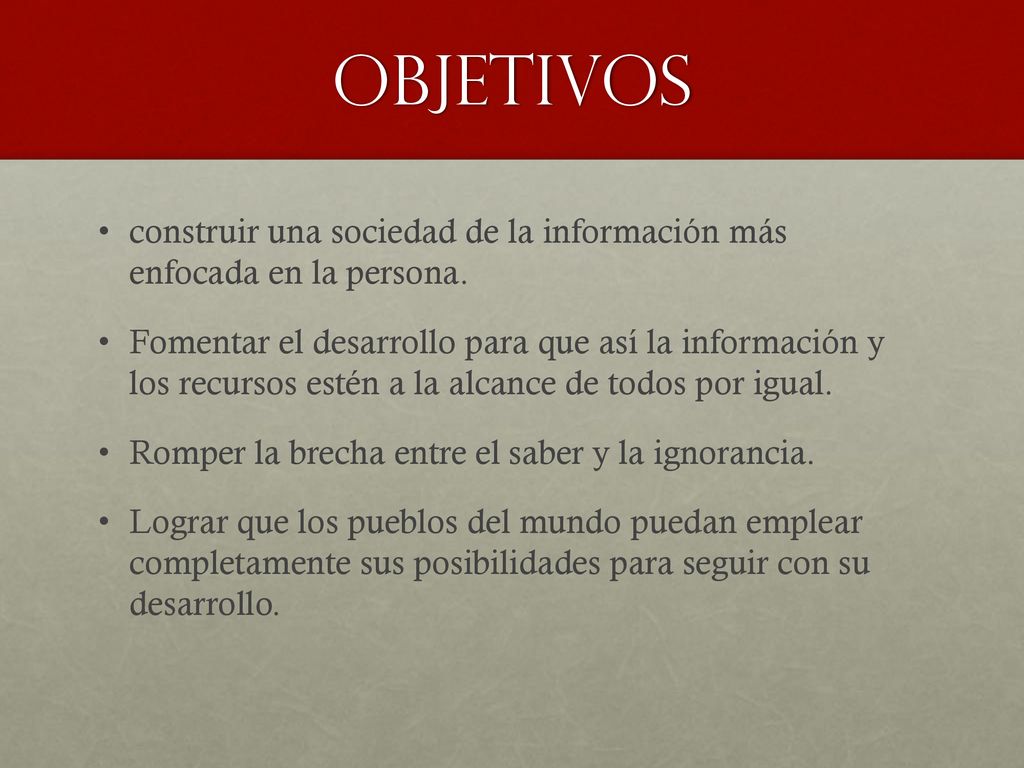 Objetivos construir una sociedad de la información más enfocada en la persona.