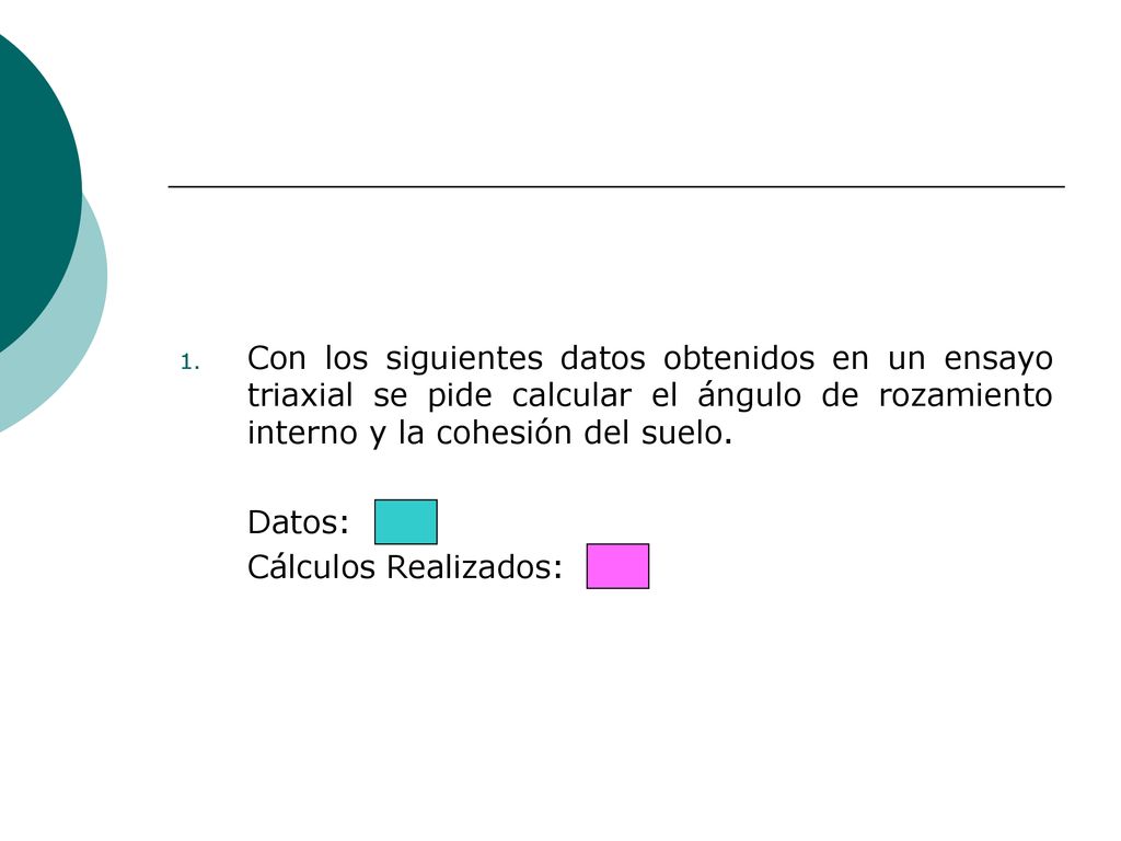 Con los siguientes datos obtenidos en un ensayo triaxial se pide calcular el ángulo de rozamiento interno y la cohesión del suelo.