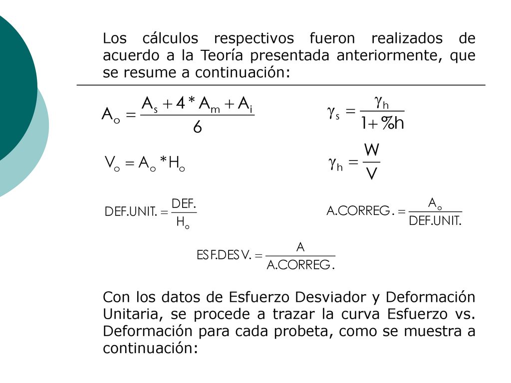 Los cálculos respectivos fueron realizados de acuerdo a la Teoría presentada anteriormente, que se resume a continuación: