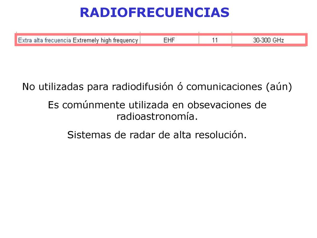 RADIOFRECUENCIAS No utilizadas para radiodifusión ó comunicaciones (aún) Es comúnmente utilizada en obsevaciones de radioastronomía.