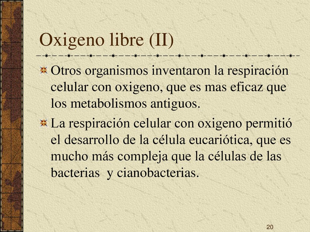 Oxigeno libre (II) Otros organismos inventaron la respiración celular con oxigeno, que es mas eficaz que los metabolismos antiguos.
