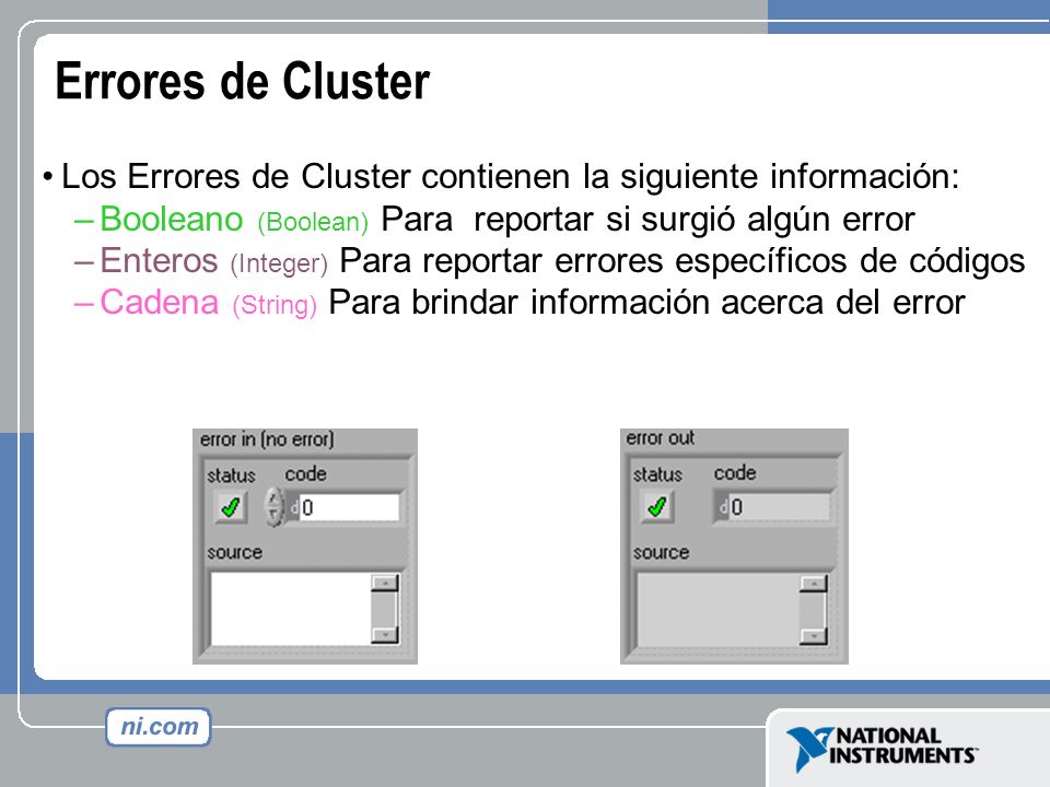 Errores de Cluster Los Errores de Cluster contienen la siguiente información: Booleano (Boolean) Para reportar si surgió algún error.