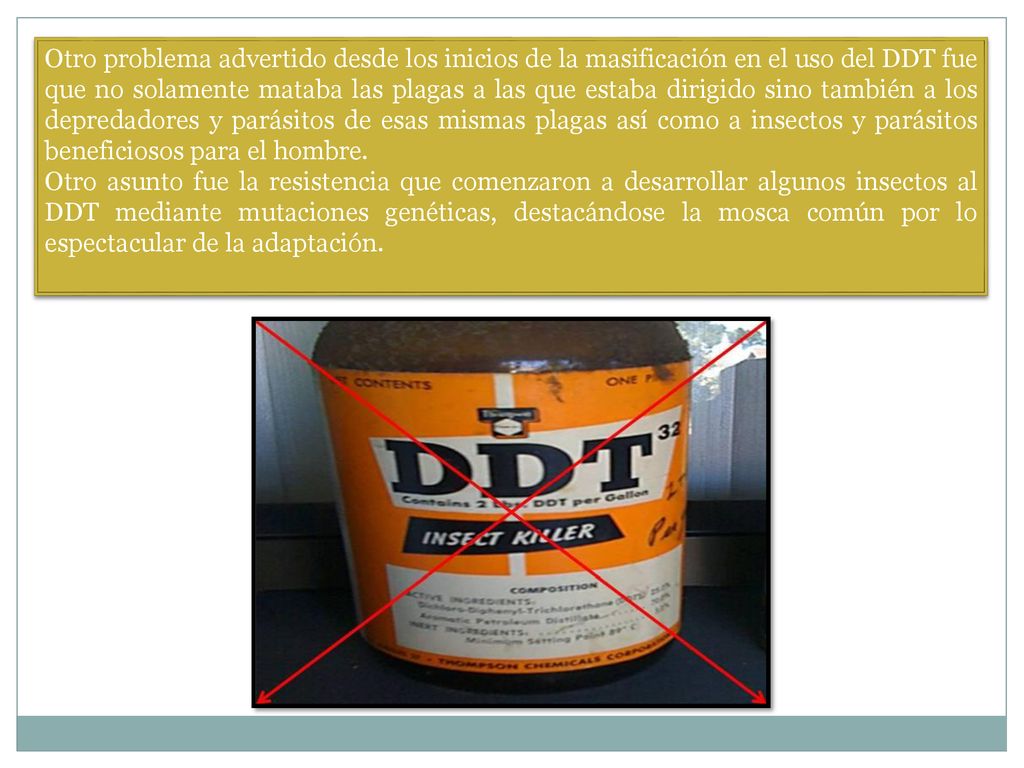 Otro problema advertido desde los inicios de la masificación en el uso del DDT fue que no solamente mataba las plagas a las que estaba dirigido sino también a los depredadores y parásitos de esas mismas plagas así como a insectos y parásitos beneficiosos para el hombre.